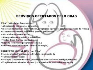 SERVIÇOS OFERTADOS PELO CRAS

CRAS / atividades desenvolvidas:
• Atendimento psicossocial às famílias;
• Inserção das famílias em benefícios, programas e projetos (Inclusive geração de renda);
• Elaboração de laudo, relatório e parecer psicossocial;
• Atividades sócio-educativas;
• Acompanhamento rotativo às famílias;
• Visitas domiciliares e institucionais;
• Suporte técnico aos programas sociais. ;
• Palestras sócio-educativas (Saúde e Educação)

PROTEÇÃO SOCIAL BÁSICA - CRAS
Tratamento das Famílias ou Indivíduos em situação de
• Vulnerabilidade social;
• Privação (ausência de renda, precário ou nulo acesso aos serviços públicos);
• Fragilização de vínculos afetivos (relacionais e de pertencimento social).
 