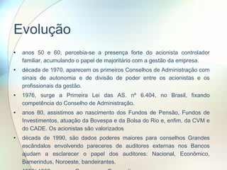 Evolução  anos 50 e 60, percebia-se a presença forte do acionista controlador familiar, acumulando o papel de majoritário com a gestão da empresa. década de 1970, aparecem os primeiros Conselhos de Administração com sinais de autonomia e de divisão de poder entre os acionistas e os profissionais da gestão. 1976, surge a Primeira Lei das AS. nº 6.404, no Brasil, fixando competência do Conselho de Administração. anos 80, assistimos ao nascimento dos Fundos de Pensão, Fundos de Investimentos, atuação da Bovespa e da Bolsa do Rio e, enfim, da CVM e do CADE. Os acionistas são valorizados  década de 1990, são dados poderes maiores para conselhos Grandes escândalos envolvendo pareceres de auditores externas nos Bancos ajudam a esclarecer o papel dos auditores: Nacional, Econômico, Bamerindus, Noroeste, bandeirantes. 1992/ 1993, nasce a Governança Corporativa. 