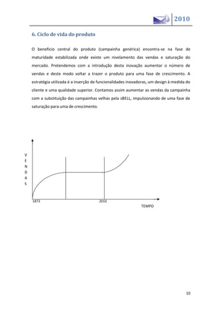 2010

    6. Ciclo de vida do produto

    O beneficio central do produto (campainha genérica) encontra-se na fase de
    maturidade estabilizada onde existe um nivelamento das vendas e saturação do
    mercado. Pretendemos com a introdução desta inovação aumentar o número de
    vendas e deste modo voltar a trazer o produto para uma fase de crescimento. A
    estratégia utilizada é a inserção de funcionalidades inovadoras, um design à medida do
    cliente e uma qualidade superior. Contamos assim aumentar as vendas da campainha
    com a substituição das campainhas velhas pela sBELL, impulsionando de uma fase de
    saturação para uma de crescimento.




V
E
N
D
A
S



    1873                                 2010
                                                               TEMPO




                                                                                       10
 