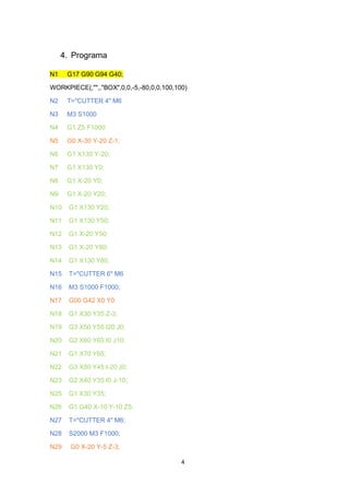 4
4. Programa
N1 G17 G90 G94 G40;
WORKPIECE(,"",,"BOX",0,0,-5,-80,0,0,100,100)
N2 T="CUTTER 4" M6
N3 M3 S1000
N4 G1 Z5 F1000
N5 G0 X-30 Y-20 Z-1;
N6 G1 X130 Y-20;
N7 G1 X130 Y0;
N8 G1 X-20 Y0;
N9 G1 X-20 Y20;
N10 G1 X130 Y20;
N11 G1 X130 Y50;
N12 G1 X-20 Y50;
N13 G1 X-20 Y80;
N14 G1 X130 Y80;
N15 T="CUTTER 6" M6
N16 M3 S1000 F1000;
N17 G00 G42 X0 Y0
N18 G1 X30 Y35 Z-3;
N19 G3 X50 Y55 I20 J0;
N20 G2 X60 Y65 I0 J10;
N21 G1 X70 Y65;
N22 G3 X50 Y45 I-20 J0;
N23 G2 X40 Y35 I0 J-10;
N25 G1 X30 Y35;
N26 G1 G40 X-10 Y-10 Z5;
N27 T="CUTTER 4" M6;
N28 S2000 M3 F1000;
N29 G0 X-20 Y-5 Z-3;
 