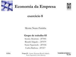 Economia da Empresa exercicio 8 Mestre Nuno Farinha Grupo de trabalho 03 Susana Alcantara - 207041 Ricardo Salgado – 207079 Nuno Figueiredo - 207056 Carlos Barbosa - 207217 