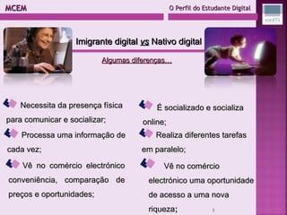 MCEM  O Perfil do Estudante Digital Necessita da presença física para comunicar e socializar; É socializado e socializa online; Processa uma informação de cada vez; Realiza diferentes tarefas em paralelo; Vê no comércio electrónico conveniência, comparação de preços e oportunidades; Vê no comércio electrónico uma oportunidade de acesso a uma nova riqueza ; Imigrante digital  vs  Nativo digital Algumas diferenças… 