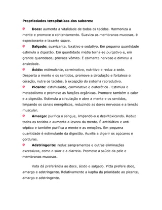 Propriedades terapêuticas dos sabores:

     Doce: aumenta a vitalidade de todos os tecidos. Harmoniza a
mente e promove o contentamento. Suaviza as membranas mucosas, é
expectorante e laxante suave.
     Salgado: suavizante, laxativo e sedativo. Em pequena quantidade
estimula a digestão. Em quantidade média torna-se purgativo e, em
grande quantidade, provoca vómito. É calmante nervoso e diminui a
ansiedade.
     Ácido: estimulante, carminativo, nutritivo e reduz a sede.
Desperta a mente e os sentidos, promove a circulação e fortalece o
coração, nutre os tecidos, à excepção do sistema reprodutivo.
     Picante: estimulante, carminativo e diaforético . Estimula o
metabolismo e promove as funções orgânicas. Promove também o calor
e a digestão. Estimula a circulação e abre a mente e os sentidos,
limpando os canais energéticos, reduzindo as dores nervosas e a tensão
muscular.
     Amargo: purifica o sangue, limpando-o e desintoxicando. Reduz
todos os tecidos e aumenta a leveza da mente. É antibiótico e anti-
séptico e também purifica a mente e as emoções. Em pequena
quantidade é estimulante da digestão. Auxilia a digerir os açúcares e
gorduras.
     Adstringente: reduz sangramentos e outras eliminações
excessivas, como o suor e a diarreia. Promove a saúde da pele e
membranas mucosas.


     Vata dá preferência ao doce, ácido e salgado. Pitta prefere doce,
amargo e adstringente. Relativamente a kapha dá prioridade ao picante,
amargo e adstringente.
 