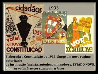 Elaborada a Constituição de 1933. Surge um novo regime
autoritário
de inspiração fascista, autodenominando-se, ESTADO NOVO.
Nota: os votos brancos contaram a favor
1933
 