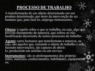 PROCESSO DE TRABALHO
A transformação de um objeto determinado em um
produto determinado, por meio da intervenção do ser
humano que, para fazê-lo, emprega instrumentos.
Objeto: é aquilo sobre o que se trabalha, ou seja, algo que
provem diretamente da natureza, que sofreu ou não
modificação decorrente de outros processos de trabalho.
Agente: seres humanos que transformam a natureza, ou
seja, são aqueles que, tomando o objeto de trabalho e nele
fazendo intervenções, são capazes de alterálo, produzindo um artefato ou um serviço.
Instrumentos: são os prolongamentos das próprias
mãos, materiais, conhecimentos, habilidades, equipament
os.

 
