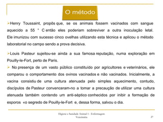 Higiene e Sanidade Animal 1 - Enfermagem Veterinária Henry Toussaint, propôs que, se os animais fossem vacinados com sangue aquecido a 55 ° C então eles poderiam sobreviver a outra inoculação letal. Ele imunizou com sucesso cinco ovelhas utilizando esta técnica e aplicou o método laboratorial no campo sendo a prova decisiva.  Louis Pasteur sujeitou-se ainda a sua famosa reputação, numa exploração em Pouilly-le-Fort, perto de Paris. No presença de um vasto público constituído por agricultores e veterinários, ele comparou o comportamento dos ovinos vacinados e não vacinados. Inicialmente, a vacina consistiu de uma cultura atenuada pelo simples aquecimento, contudo, discípulos de Pasteur convenceram-no a tomar a precaução de utilizar uma cultura atenuada também contendo um anti-séptico conhecidos por inibir a formação de esporos  «o segredo de Pouilly-le-Fort  e, dessa forma, salvou o dia.   