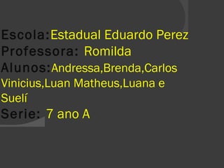 Escola:Estadual Eduardo Perez 
Professora: Romilda 
Alunos:Andressa,Brenda,Carlos 
Vinicius,Luan Matheus,Luana e 
Suelí 
Serie: 7 ano A 
 