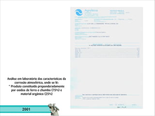 Análise em laboratório das características da
corrosão atmosférica, onde se lê: 
“ Produto constituído preponderadamente
por oxidos de ferro e chumbo (75%) e
material orgânico (25%)

2001

 