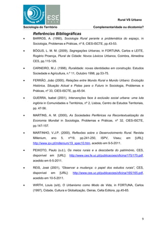 Rural VS Urbano

Sociologia do Território                              Complementaridade ou dicotomia?

      Referências Bibliográficas
     BARROS, A. (1990), Sociologia Rural perante a problemática do espaço, in
      Sociologia, Problemas e Práticas, nº 8, CIES-ISCTE, pp.43-53.

     BÓGUS, L. M. M. (2009), Segregações Urbanas, in FORTUNA, Carlos e LEITE,
      Rogério Proença, Plural de Cidade: Novos Léxicos Urbanos, Coimbra, Almedina
      CES, pp.115-126.

     CARNEIRO, M.J. (1998), Ruralidade: novas identidades em construção. Estudos
      Sociedade e Agricultura, n.º 11, Outubro 1998, pp.53-75.

     FERRÃO, João (2000), Relações entre Mundo Rural e Mundo Urbano: Evolução
      Histórica, Situação Actual e Pistas para o Futuro in Sociologia, Problemas e
      Práticas, nº 33, CIES-ISCTE, pp.45-54.

     GUERRA, Isabel (2001), Intervenções face à exclusão social urbana: uma luta
      inglória in Comunidades e Territórios, nº 2, Lisboa, Centro de Estudos Territoriais,
      pp. 47-56.

     MARTINS, A. M. (2000), As Sociedades Periféricas na Recontextualização da
      Economia Mundial in Sociologia, Problemas e Práticas, nº 32, CIES-ISCTE,
      pp.147-157.

     MARTINHO, V.J.P. (2000), Reflexões sobre o Desenvolvimento Rural. Revista
      Millenium,    ano      5,     nº19,   pp.241-250,     ISPV,     Viseu;   em     [URL]:
      http://www.ipv.pt/millenium/19_spec10.htm, acedido em 9-5-2011.

     PEIXOTO, Paulo (s.d.), Os meios rurais e a descoberta do património, CES,
      disponível    em     [URL]:    http://www.ces.fe.uc.pt/publicacoes/oficina/175/175.pdf,
      acedido em 6-5-2011.

     REIS, José (2001), “Observar a mudança: o papel dos estudos rurais”, CES,
      disponível    em      [URL]:     http://www.ces.uc.pt/publicacoes/oficina/165/165.pdf,
      acedido em 10-5-2011.

     WIRTH, Louis (s/d), O Urbanismo como Modo de Vida, in FORTUNA, Carlos
      (1997), Cidade, Cultura e Globalização, Oeiras, Celta Editora, pp.45-65.




                                                                                           9
 