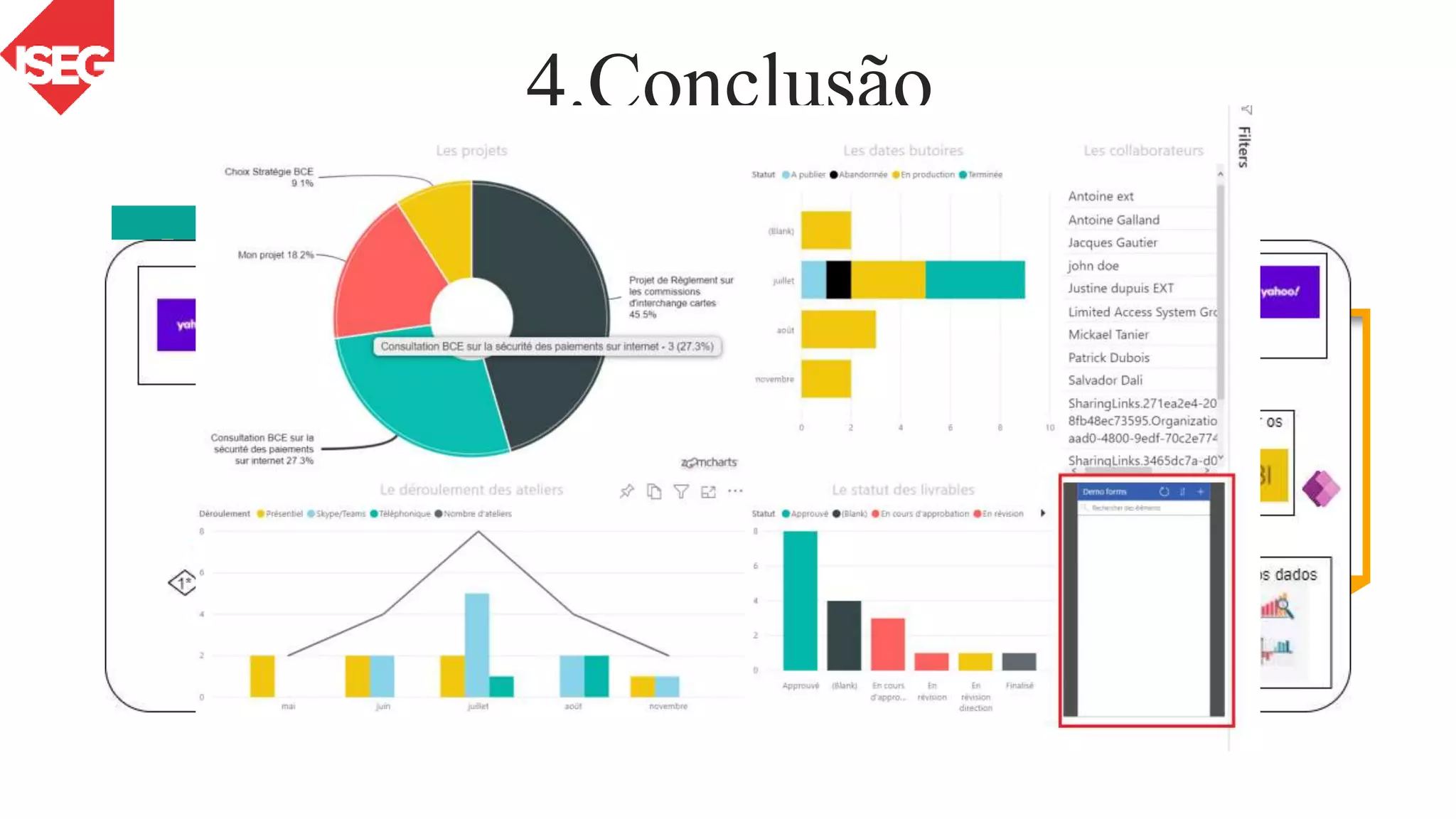 4.Conclusão
Importância da
base de dados
O raciocínio lógico
da implementação
Contents Title Contents Title Contents Title
Explorar mais das
funcionalidades de
Power Apps
Solução 2
Implementação
de Power Apps
no Power BI
Solução 1
Atualização
simultânea dos
dados
Dificuldade
 