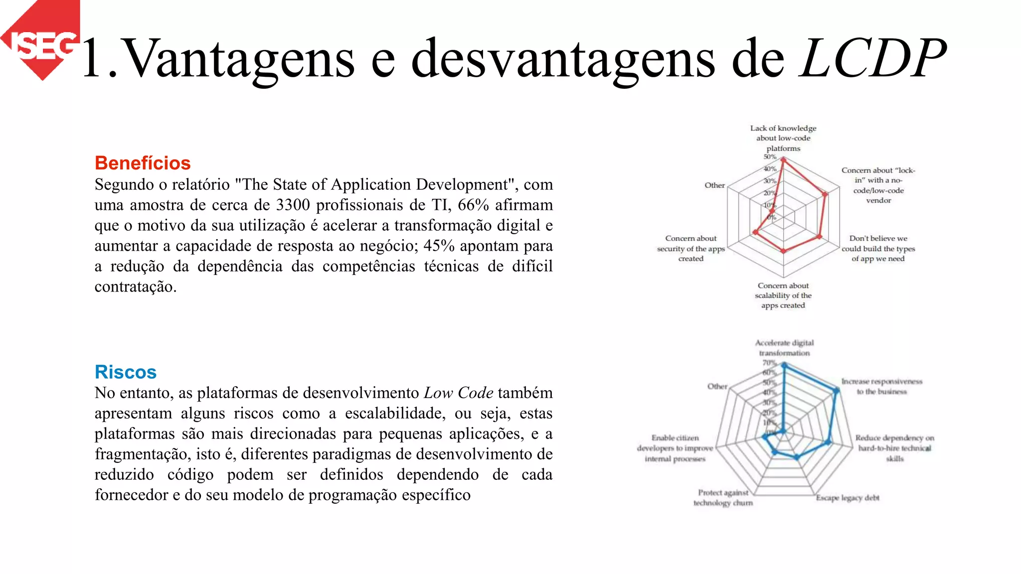 S
O
T
EAKNESS
PPORTUNITIES
T
R
E
N
G
T
H
S
H
R
E
A
T
S
Segundo o relatório "The State of Application Development", com
uma amostra de cerca de 3300 profissionais de TI, 66% afirmam
que o motivo da sua utilização é acelerar a transformação digital e
aumentar a capacidade de resposta ao negócio; 45% apontam para
a redução da dependência das competências técnicas de difícil
contratação.
Benefícios
No entanto, as plataformas de desenvolvimento Low Code também
apresentam alguns riscos como a escalabilidade, ou seja, estas
plataformas são mais direcionadas para pequenas aplicações, e a
fragmentação, isto é, diferentes paradigmas de desenvolvimento de
reduzido código podem ser definidos dependendo de cada
fornecedor e do seu modelo de programação específico
Riscos
1.Vantagens e desvantagens de LCDP
 