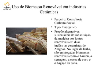 Uso de Biomassa Renovável em indústrias
Cerâmicas
• Parceiro: Consultoria
Carbono Social
• Tipo: Energético
• Propõe alternativas
sustentáveis de substituição
da madeira por fontes
renováveis em duas
indústrias ceramistas de
Alagoas. No lugar da lenha,
são empregadas biomassas
renováveis como o bambu, a
serragem, a casca de coco e
o bagaço da cana.
 