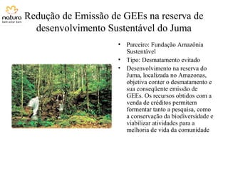 Redução de Emissão de GEEs na reserva de
desenvolvimento Sustentável do Juma
• Parceiro: Fundação Amazônia
Sustentável
• Tipo: Desmatamento evitado
• Desenvolvimento na reserva do
Juma, localizada no Amazonas,
objetiva conter o desmatamento e
sua conseqüente emissão de
GEEs. Os recursos obtidos com a
venda de créditos permitem
formentar tanto a pesquisa, como
a conservação da biodiversidade e
viabilizar atividades para a
melhoria de vida da comunidade
 