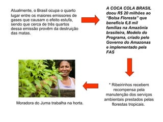 Atualmente, o Brasil ocupa o quarto
lugar entre os maiores emissores de
gases que causam o efeito estufa,
sendo que cerca de três quartos
dessa emissão provêm da destruição
das matas.
* Ribeirinhos recebem
recompensa pela
manutenção dos serviços
ambientais prestados pelas
florestas tropicais.Moradora do Juma trabalha na horta.
A COCA COLA BRASIL
doou R$ 20 milhões ao
“Bolsa Floresta” que
beneficia 6,8 mil
famílias na Amazônia
brasileira, Modelo do
Programa, criado pelo
Governo do Amazonas
e implementado pela
FAS
 