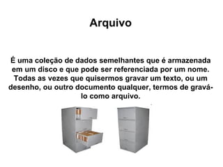 Arquivo É uma coleção de dados semelhantes que é armazenada em um disco e que pode ser referenciada por um nome. Todas as vezes que quisermos gravar um texto, ou um desenho, ou outro documento qualquer, termos de gravá-lo como arquivo. 
