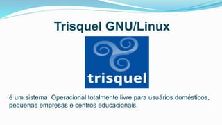 Trisquel GNU/Linux
é um sistema Operacional totalmente livre para usuários domésticos,
pequenas empresas e centros educacionais.
 