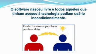 O software nasceu livre e todos aqueles que
tinham acesso à tecnologia podiam usá-lo
incondicionalmente.
 