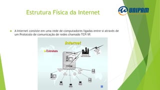 Estrutura Física da Internet
 A Internet consiste em uma rede de computadores ligadas entre si através de
um Protocolo de comunicação de redes chamado TCP/IP.
 