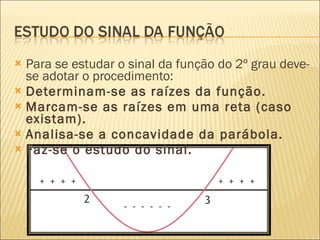 Para se estudar o sinal da função do 2º grau deve-se adotar o procedimento: Determinam-se as raízes da função. Marcam-se as raízes em uma reta (caso existam). Analisa-se a concavidade da parábola. Faz-se o estudo do sinal. 