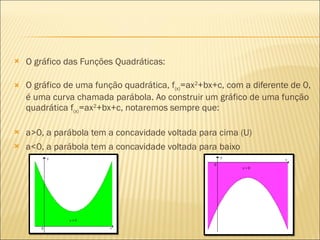 O gráfico das Funções Quadráticas: O gráfico de uma função quadrática, f (x) =ax 2 +bx+c, com a diferente de 0, é uma curva chamada parábola. Ao construir um gráfico de uma função quadrática f (x) =ax 2 +bx+c, notaremos sempre que: a>0, a parábola tem a concavidade voltada para cima (U) a<0, a parábola tem a concavidade voltada para baixo 