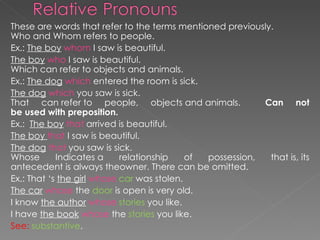 These are words that refer to the terms mentioned previously.  Who  and Whom refers to people.  Ex.:  The boy   whom  I saw is beautiful.  The boy   who  I saw is beautiful.  Which can refer to objects and animals.  Ex.:  The dog   which  entered the room is sick.  The dog   which  you saw is sick.  That can refer to people, objects and animals.  Can not be used with preposition.  Ex.:  The boy   that  arrived is beautiful.  The boy  that  I saw is beautiful.  The dog   that  you saw is sick.  Whose Indicates a relationship of possession, that is, its antecedent is always theowner.  There can be omitted. Ex.:  That ‘s  the girl   whose   car  was stolen.  The car   whose  the  door  is open is very old.  I know  the author   whose   stories  you like. I have  the book   whose  the  stories  you like.  See:  substantive .  