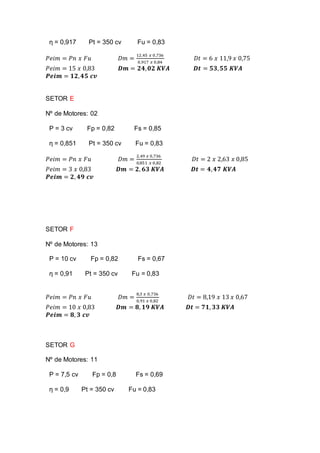 ƞ = 0,917 Pt = 350 cv Fu = 0,83
𝑃𝑒𝑖𝑚 = 𝑃𝑛 𝑥 𝐹𝑢 𝐷𝑚 =
12,45 𝑥 0,736
0,917 𝑥 0,84
𝐷𝑡 = 6 𝑥 11,9 𝑥 0,75
𝑃𝑒𝑖𝑚 = 15 𝑥 0,83 𝑫𝒎 = 𝟐𝟒, 𝟎𝟐 𝑲𝑽𝑨 𝑫𝒕 = 𝟓𝟑, 𝟓𝟓 𝑲𝑽𝑨
𝑷𝒆𝒊𝒎 = 𝟏𝟐, 𝟒𝟓 𝒄𝒗
SETOR E
Nº de Motores: 02
P = 3 cv Fp = 0,82 Fs = 0,85
ƞ = 0,851 Pt = 350 cv Fu = 0,83
𝑃𝑒𝑖𝑚 = 𝑃𝑛 𝑥 𝐹𝑢 𝐷𝑚 =
2,49 𝑥 0,736
0,851 𝑥 0,82
𝐷𝑡 = 2 𝑥 2,63 𝑥 0,85
𝑃𝑒𝑖𝑚 = 3 𝑥 0,83 𝑫𝒎 = 𝟐, 𝟔𝟑 𝑲𝑽𝑨 𝑫𝒕 = 𝟒, 𝟒𝟕 𝑲𝑽𝑨
𝑷𝒆𝒊𝒎 = 𝟐, 𝟒𝟗 𝒄𝒗
SETOR F
Nº de Motores: 13
P = 10 cv Fp = 0,82 Fs = 0,67
ƞ = 0,91 Pt = 350 cv Fu = 0,83
𝑃𝑒𝑖𝑚 = 𝑃𝑛 𝑥 𝐹𝑢 𝐷𝑚 =
8,3 𝑥 0,736
0,91 𝑥 0,82
𝐷𝑡 = 8,19 𝑥 13 𝑥 0,67
𝑃𝑒𝑖𝑚 = 10 𝑥 0,83 𝑫𝒎 = 𝟖, 𝟏𝟗 𝑲𝑽𝑨 𝑫𝒕 = 𝟕𝟏, 𝟑𝟑 𝑲𝑽𝑨
𝑷𝒆𝒊𝒎 = 𝟖, 𝟑 𝒄𝒗
SETOR G
Nº de Motores: 11
P = 7,5 cv Fp = 0,8 Fs = 0,69
ƞ = 0,9 Pt = 350 cv Fu = 0,83
 