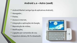 Android 1.0 – Astro (2008)
• Android Market (antiga loja de aplicativos Android);
• Navegador ;
• Pastas;
• Acesso à internet;
• Integração a aplicações do Google;
• Reprodução de mídias;
• Notificações;
• Ligações por comandos de voz;
• Suporte à câmera,Wi-fi e bluetooth.
 
