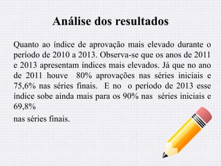 Análise dos resultados 
Quanto ao índice de aprovação mais elevado durante o 
período de 2010 a 2013. Observa-se que os anos de 2011 
e 2013 apresentam índices mais elevados. Já que no ano 
de 2011 houve 80% aprovações nas séries iniciais e 
75,6% nas séries finais. E no o período de 2013 esse 
índice sobe ainda mais para os 90% nas séries iniciais e 
69,8% 
nas séries finais. 
 