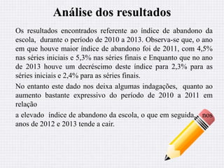Análise dos resultados 
Os resultados encontrados referente ao índice de abandono da 
escola, durante o período de 2010 a 2013. Observa-se que, o ano 
em que houve maior índice de abandono foi de 2011, com 4,5% 
nas séries iniciais e 5,3% nas séries finais e Enquanto que no ano 
de 2013 houve um decréscimo deste índice para 2,3% para as 
séries iniciais e 2,4% para as séries finais. 
No entanto este dado nos deixa algumas indagações, quanto ao 
aumento bastante expressivo do período de 2010 a 2011 em 
relação 
a elevado índice de abandono da escola, o que em seguida, nos 
anos de 2012 e 2013 tende a cair. 
 