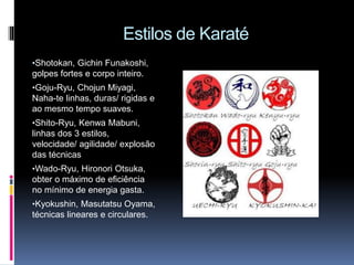 Estilos de Karaté
•Shotokan, Gichin Funakoshi,
golpes fortes e corpo inteiro.
•Goju-Ryu, Chojun Miyagi,
Naha-te linhas, duras/ rigidas e
ao mesmo tempo suaves.
•Shito-Ryu, Kenwa Mabuni,
linhas dos 3 estilos,
velocidade/ agilidade/ explosão
das técnicas
•Wado-Ryu, Hironori Otsuka,
obter o máximo de eficiência
no mínimo de energia gasta.
•Kyokushin, Masutatsu Oyama,
técnicas lineares e circulares.
 