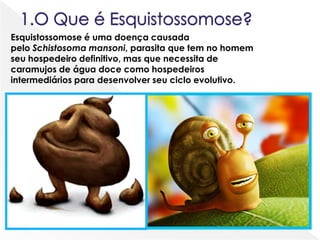 Esquistossomose é uma doença causada
pelo Schistosoma mansoni, parasita que tem no homem
seu hospedeiro definitivo, mas que necessita de
caramujos de água doce como hospedeiros
intermediários para desenvolver seu ciclo evolutivo.
 