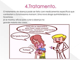 O tratamento da doença pode ser feito com medicamentos específicos que
combatam o Schistossoma mansoni. Uma nova droga quimioterápica, o
hicantone,
já se mostrou eficaz para curar a doença na
grande maioria dos casos.
 
