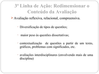 3ª Linha de Ação: Redimensionar o
Conteúdo da Avaliação
 Avaliação reflexiva, relacional, compreensiva.
• Diversificação de tipos de questões;
• maior peso às questões dissertativas;
• contextualização de questões a partir de um texto,
gráficos, problemas com significados, etc.
• avaliações interdisciplinares (envolvendo mais de uma
disciplina)
 