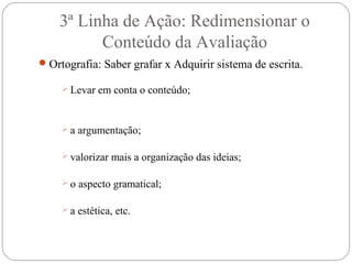3ª Linha de Ação: Redimensionar o
Conteúdo da Avaliação
Ortografia: Saber grafar x Adquirir sistema de escrita.
 Levar em conta o conteúdo;
 a argumentação;
 valorizar mais a organização das ideias;
 o aspecto gramatical;
 a estética, etc.
 