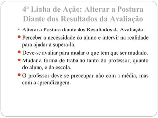 4ª Linha de Ação: Alterar a Postura
Diante dos Resultados da Avaliação
 Alterar a Postura diante dos Resultados da Avaliação:
Perceber a necessidade do aluno e intervir na realidade
para ajudar a supera-la.
Deve-se avaliar para mudar o que tem que ser mudado.
Mudar a forma de trabalho tanto do professor, quanto
do aluno, e da escola.
O professor deve se preocupar não com a média, mas
com a aprendizagem.
 