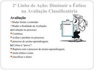 2ª Linha de Ação: Diminuir a Ênfase
na Avaliação Classificatória
Avaliação
Mudar forma e conteúdo.
Mudar a finalidade da Avaliação.
a)Avaliação no processo:
Contínua;
avaliar o produto no processo;
processo de ensino-aprendizagem.
b) Crítica à “prova”:
Ruptura com o processo de ensino-aprendizagem;
muita ênfase a nota;
classificar o aluno.
 