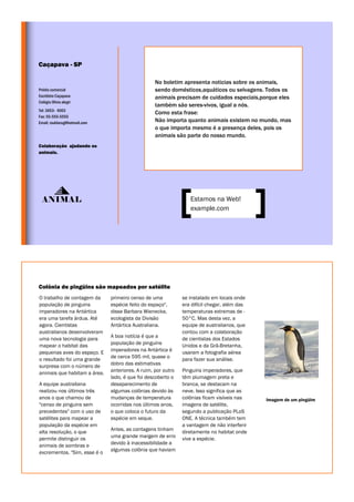Caçapava - SP

                                                   No boletim apresenta noticias sobre os animais,
Prédio comercial                                   sendo domésticos,aquáticos ou selvagens. Todos os
Escritório Caçapava                                animais precisam de cuidados especiais,porque eles
Colégio Olivia alegri
                                                   também são seres-vivos, igual a nós.
Tel: 3653- 4003
                                                   Como esta frase:
Fax: 55-555-5555
Email; rauldarug@hotmail.com                       Não importa quanto animais existem no mundo, mas
                                                   o que importa mesmo é a presença deles, pois os
                                                   animais são parte do nosso mundo.
Colaboração ajudando os
animais.




  ANIMAL                                                          Estamos na Web!
                                                                  example.com




Colônia de pingüins são mapeados por satélite
O trabalho de contagem da      primeiro censo de uma           se instalado em locais onde
população de pinguins          espécie feito do espaço",       era difícil chegar, além das
imperadores na Antártica       disse Barbara Wienecke,         temperaturas extremas de -
era uma tarefa árdua. Até      ecologista da Divisão           50°C. Mas desta vez, a
agora. Cientistas              Antártica Australiana.          equipe de australianos, que
australianos desenvolveram                                     contou com a colaboração
                               A boa notícia é que a
uma nova tecnologia para                                       de cientistas dos Estados
mapear o habitat das           população de pinguins           Unidos e da Grã-Bretanha,
pequenas aves do espaço. E     imperadores na Antártica é      usaram a fotografia aérea
                               de cerca 595 mil, quase o
o resultado foi uma grande                                     para fazer sua análise.
surpresa com o número de       dobro das estimativas
animais que habitam a área.    anteriores. A ruim, por outro   Pinguins imperadores, que
                               lado, é que foi descoberto o    têm plumagem preta e
A equipe australiana           desaparecimento de              branca, se destacam na
realizou nos últimos três      algumas colônias devido às      neve. Isso significa que as
anos o que chamou de           mudanças de temperatura         colônias ficam visíveis nas    Imagem de um pingüim
"censo de pinguins sem         ocorridas nos últimos anos,     imagens de satélite,
precedentes" com o uso de      o que coloca o futuro da        segundo a publicação PLoS
satélites para mapear a        espécie em xeque.               ONE. A técnica também tem
população da espécie em                                        a vantagem de não interferir
                               Antes, as contagens tinham
alta resolução, o que                                          diretamente no habitat onde
permite distinguir os          uma grande margem de erro       vive a espécie.
animais de sombras e           devido à inacessibilidade a
                               algumas colônia que haviam
excrementos. "Sim, esse é o
 