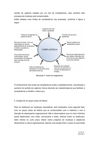 sentido de urgência rodeado por um mar de complacência, caso contrário todo
processo de mudança será comprometido.
Kotter destaca nove fontes de complacência nas empresas, conforme a figura a
seguir:




                          Ilustração 4 - Fontes de complacência




O conhecimento das fontes da complacência auxilia o estabelecimento, manutenção e
aumento do sentido de urgência. Nunca devendo ser subestimadas já que facilitam a
complacência e mantêm o status quo.




2. Criação de um grupo coeso de líderes


Para se realizarem as mudanças necessárias, será necessário numa segunda fase,
criar um grupo coeso de líderes que se comprometem com a melhoria e com a
direcção do desempenho organizacional. Não é viável esperar que um único indivíduo
possa desenvolver uma visão, comunicá-la a todos, eliminar todos os obstáculos,
obter vitórias no curto prazo, liderar vários projectos de mudança e adapta-los
eficazmente à cultura organizacional. Apenas uma equipa forte e coesa na qual exista



                                                                           12 de 19
                                                                           PG-LM.7
 