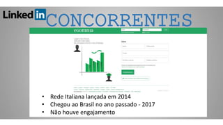 CONCORRENTES
• Rede Italiana lançada em 2014
• Chegou ao Brasil no ano passado - 2017
• Não houve engajamento
 