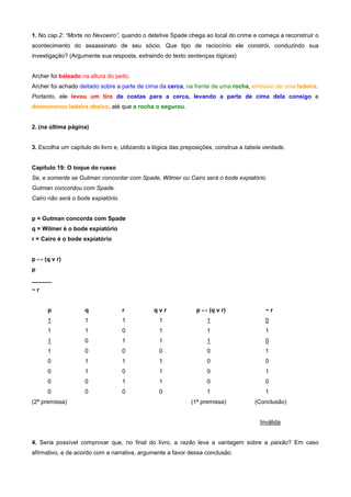 1. No cap.2: “Morte no Nevoeiro”, quando o detetive Spade chega ao local do crime e começa a reconstruir o
acontecimento do assassinato de seu sócio. Que tipo de raciocínio ele constrói, conduzindo sua
investigação? (Argumente sua resposta, extraindo do texto sentenças lógicas)


Archer foi baleado na altura do peito.
Archer foi achado deitado sobre a parte de cima da cerca, na frente de uma rocha, embaixo de uma ladeira.
Portanto, ele levou um tiro de costas para a cerca, levando a parte de cima dela consigo e
desmoronou ladeira abaixo, até que a rocha o segurou.


2. (na última página)


3. Escolha um capítulo do livro e, utilizando a lógica das preposições, construa a tabela verdade.


Capítulo 19: O toque do russo
Se, e somente se Gutman concordar com Spade, Wilmer ou Cairo será o bode expiatório.
Gutman concordou com Spade.
Cairo não será o bode expiatório.


p = Gutman concorda com Spade
q = Wilmer é o bode expiatório
r = Cairo é o bode expiatório


p ↔ (q v r)
p
______
~r


      p             q               r          qvr             p ↔ (q v r)                ~r
      1             1               1            1                 1                      0
      1             1               0            1                 1                      1
      1             0               1            1                 1                      0
      1             0               0            0                 0                      1
      0             1               1            1                 0                      0
      0             1               0            1                 0                      1
      0             0               1            1                 0                      0
      0             0               0            0                 1                      1
(2ª premissa)                                                (1ª premissa)            (Conclusão)


                                                                                        Inválida


4. Seria possível comprovar que, no final do livro, a razão leva a vantagem sobre a paixão? Em caso
afirmativo, e de acordo com a narrativa, argumente a favor dessa conclusão.
 