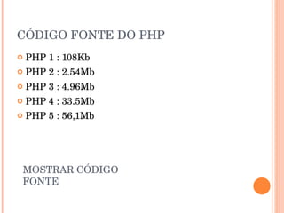 CÓDIGO FONTE DO PHP
   PHP 1 : 108Kb
   PHP 2 : 2.54Mb
   PHP 3 : 4.96Mb
   PHP 4 : 33.5Mb
   PHP 5 : 56,1Mb




MOSTRAR CÓDIGO 
FONTE
 