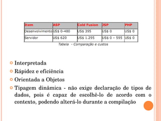    Interpretada 
   Rápidez e eficiência
   Orientada a Objetos
   Tipagem  dinâmica  ­  não  exige  declaração  de  tipos  de 
    dados,  pois  é  capaz  de  escolhê­lo  de  acordo  com  o 
    contexto, podendo alterá­lo durante a compilação 
 