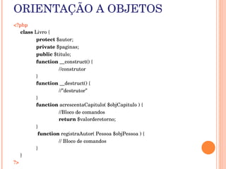 ORIENTAÇÃO A OBJETOS
<?php
    class Livro {
           protect $autor;
           private $paginas;
           public $titulo; 
           function __construct() {
                    //construtor 
           } 
           function __destruct() { 
                    //”destrutor”
           } 
           function acrescentaCapitulo( $objCapitulo ) { 
                    //Bloco de comandos
                    return $valorderetorno; 
           } 
            function registraAutor( Pessoa $objPessoa ) { 
                    // Bloco de comandos
           } 
    }
?> 
 