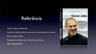 Referência
Título:A cabeça de Steve Jobs
Subtítulo:As lições do líder da empresa mais revolucionária do mundo
Autor: Leander Kahney
Tradução: Maria Helena Lyra / Carlos Irineu da Costa
ISBN: 9788522009770
 
