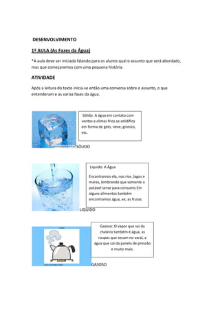 DESENVOLVIMENTO
1ª AULA (As Fazes da Água)
*A aula deve ser iniciada falando para os alunos qual o assunto que será abordado,
mas que começaremos com uma pequena história.

ATIVIDADE
Após a leitura do texto inicia-se então uma conversa sobre o assunto, o que
entenderam e as varias fases da água.

Sólido: A água em contato com
ventos e climas frios se solidifica
em forma de gelo, neve, granizo,
etc.

SÓLIDO

Liquido: A Água
Encontramos ela, nos rios ,lagos e
mares, lembrando que somente a
potável serve para consumo.Em
alguns alimentos também
encontramos água, ex; as frutas.

LIQUIDO

Gasoso: O vapor que sai da
chaleira também é água, as
roupas que secam no varal, a
água que sai da panela de pressão
e muito mais.

GASOSO

 