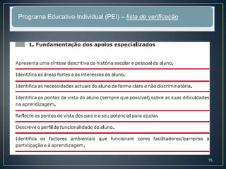 Programa Educativo Individual (PEI) – lista de verificação
15
 