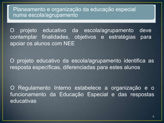 Planeamento e organização da educação especial
numa escola/agrupamento
O projeto educativo da escola/agrupamento deve
contemplar finalidades, objetivos e estratégias para
apoiar os alunos com NEE
O projeto educativo da escola/agrupamento identifica as
resposta específicas, diferenciadas para estes alunos
O Regulamento Interno estabelece a organização e o
funcionamento da Educação Especial e das respostas
educativas
6
 