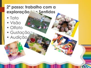 2º passo: trabalho com a
exploração dos Sentidos
• Tato
• Visão
• Olfato
• Gustação
• Audição
 