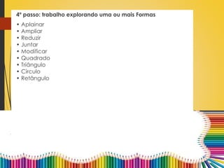 4º passo: trabalho explorando uma ou mais Formas
• Aplainar
• Ampliar
• Reduzir
• Juntar
• Modificar
• Quadrado
• Triângulo
• Círculo
• Retângulo
 