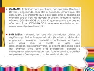  CARTAZES: trabalhar com os alunos, por exemplo, Direitos e
Deveres, construindo com eles e deixando sempre que eles
construam. É interessante que o professor dirija o trabalho de
maneira que os itens de deveres e direitos tenham o mesmo
número. COMBINADOS da sala: O que eu posso e o que eu
não posso fazer. COMBINADOS do recreio: estabelecer com
os alunos o objetivo do recreio.
 ENTREVISTA: momento em que são convidados artistas da
região ou profissionais especializados (bombeiros, eletricistas,
engenheiros, professores, repentistas, contadores de histórias,
etc.) para irem à escola e fazer uma
apresentação/palestra/conversa. O evento demanda ação
das crianças junto com o(a) professor(a): elaborar o
cronograma, selecionar as pessoas, fazer o convite, organizar
a apresentação da pessoa, avaliar a atividade, etc.
 